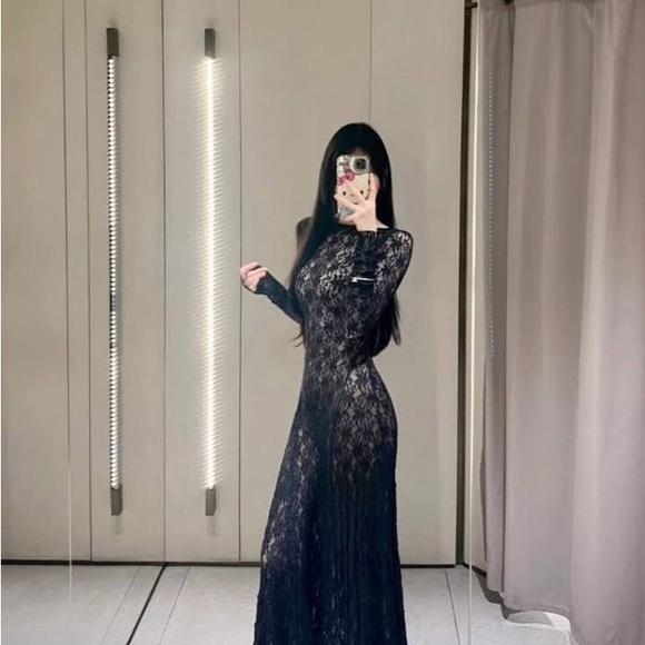 ZARA Black Lace Maxi Dress Long Sleeve Semi- sheer NWT - Picture 9 of 15